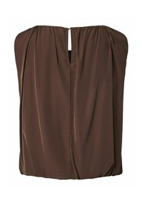 Blouse marron sans manches avec encolure froncée et petite fermeture par bouton à l'ouverture en forme de serrure dans le dos.