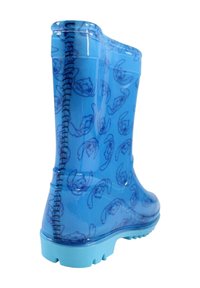 Botte de pluie translucide bleue avec une couture en bleu plus foncé et un motif répété de visages de chiens de dessin animé.