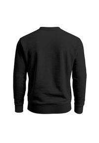 Black sweatshirt, cotton blend, crewneck design. Features long sleeves and ribbed cuffs. Smooth texture, no patterns or logos visible.