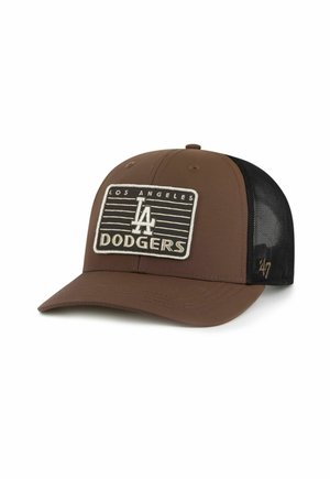 Braune verstellbare Cap mit schwarzem Netzrücken, ausgestattet mit einem rechteckigen Los Angeles Dodgers Patch mit weißer Schrift und Linien.