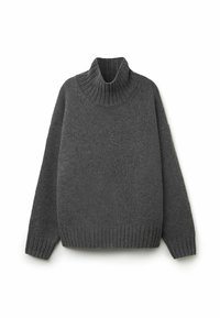 Grau kombinierter Strick-Pullover mit Rollkragen und gerippten Bündchen und Saum. Übergroßes Design mit strukturierter Oberfläche, das ein gemütliches Erscheinungsbild bietet.