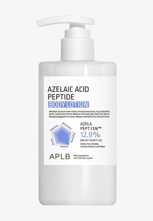 Lotion pour le corps au peptide d'acide azélaïque, flacon-pompe, met en avant 12,9% Azela Pept Cen, 300 ml, avec des effets hydratants, éclaircissants, apaisants, calmants et raffermissants.
