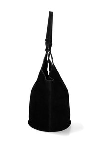Borsa hobo nera in suede con una texture morbida, base arrotondata e tracolla in tessuto regolabile. Parte superiore aperta con dettagli cuciti sui lati.