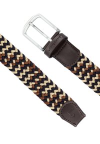 Splotkowany pasek w kolorach ciemnoniebieskim, kremowym i brązowym; brązowe skórzane akcenty; srebrna metalowa klamra; miękka tekstura.