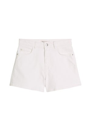 White denim shorts with front button, belt loops, and front and back pockets, displayed against a plain white background.