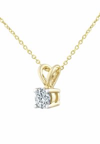 Złoty naszyjnik z wisiorkiem, w którym znajduje się przezroczysty, okrągły diament osadzony w czterech szponach, z delikatnym łańcuszkiem.