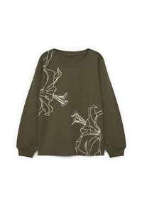 Dlouhý rukáv olivově zeleného trička z měkké látky, na přední straně s bílým květinovým liniovým vzorem. Kulatý výstřih a uvolněný střih.