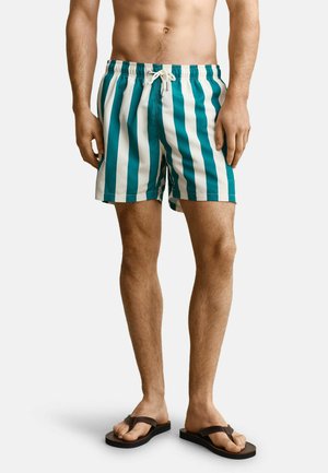 Man met turquoise en wit gestreepte zwemshorts in verticale strepen, met een wit trekkoord en zwarte slippers, staand tegen een effen achtergrond.