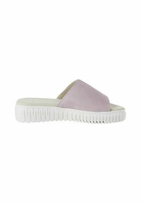 Scarpa slip-on in pelle scamosciata rosa chiaro con una larga fascia e una spessa suola in gomma bianca caratterizzata da un motivo testurizzato e rigato.