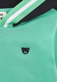 Felpa verde con logo di orso nero sul petto, completata da un cappuccio nero e accenti a righe verdi e bianche in contrasto.