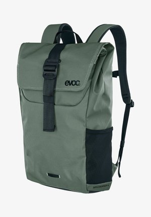 Green textured backpack, featuring a roll-top design, black accents, adjustable straps, and a front buckle closure. Durable material.