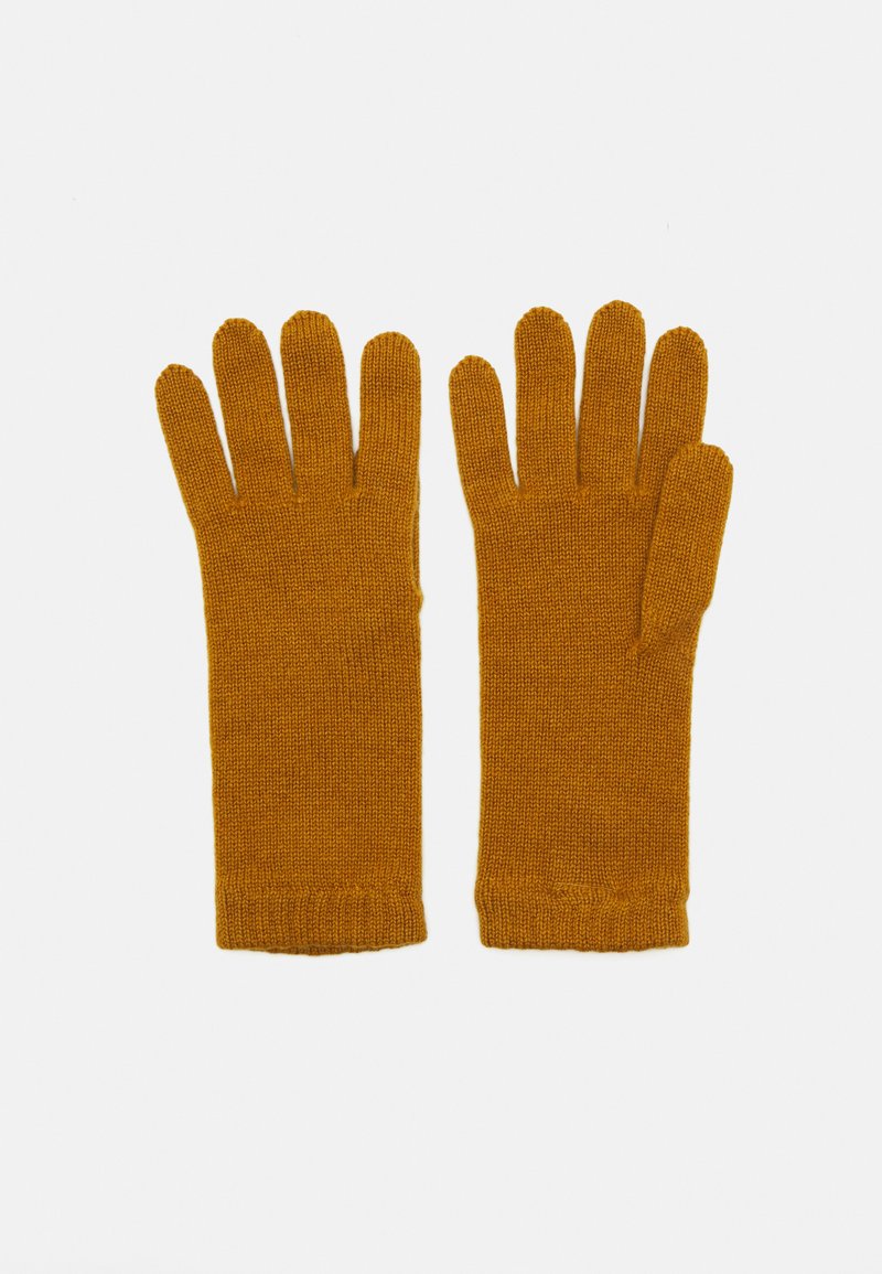 Knit gloves in a mustard yellow color. Features five fingers, ribbed cuffs, and a soft, textured fabric.
