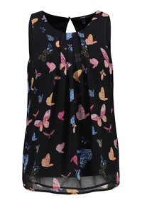 Blusa nera senza maniche con stampa a farfalla nei colori rosa, blu, giallo e bianco. Presenta un design a occhiello sul collo e delle pieghe.