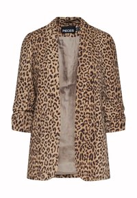 Blazer s leopardím potiskem vyrobený z měkké, texturované látky. Disponuje klopovým límcem a ohrnutými rukávy v odstínech béžové a hnědé. Design s otevřeným předním dílem.