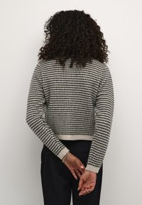 Maglione accorciato con un motivo a pied-de-poule grigio e crema. Materiale lavorato a maglia con maniche lunghe e orlo a coste. Mostrata la vista posteriore.