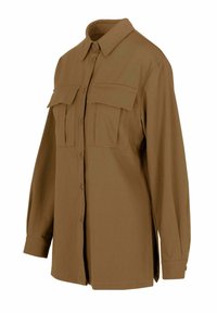 Bruine langarm blouse met knopen en een kraag, twee borstzakken en een recht model. Gemaakt van een zachte, gladde stof.