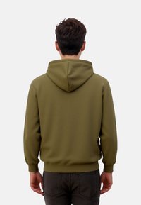 Olive green hoodie with a drawstring hood, ribbed cuffs and hem, and a smooth texture. Back view reveals simple design and clean lines.