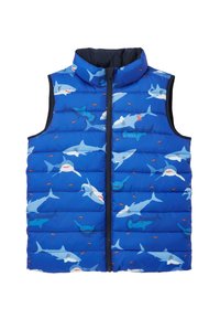 Gilet imbottito blu con stampa di squalo, chiusura con zip, colletto alto e texture trapuntata con fodera contrastante in blu navy.