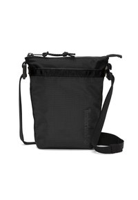Borsa a spalla nera realizzata in tessuto testurizzato, con chiusura a coulisse, tracolla e logo sul davanti. Forma quadrata con design minimalista.