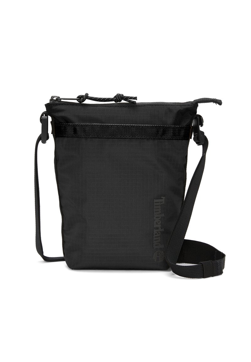 Borsa a spalla nera realizzata in tessuto testurizzato, con chiusura a coulisse, tracolla e logo sul davanti. Forma quadrata con design minimalista.