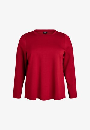 Top rojo de manga larga hecho de una tela suave. Presenta un escote redondo y un corte relajado. Textura lisa sin patrones ni acentos visibles.