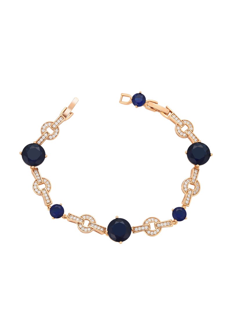 Bracciale dorato con gemme circolari blu navy e pietre di accento trasparenti collegate da dettagli di catena ornati. Chiusura a scatto.