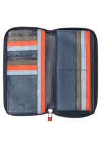 Portafoglio con cerniera in pelle blu navy. L'interno presenta diverse fessure per carte in righe color azzurro chiaro, arancione, verde e nero. Texture liscia.