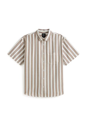 Kurzärmeliges Hemd aus beigem, glattem Stoff mit vertikalen braunen Streifen, einer Brusttasche und weißen Knöpfen.