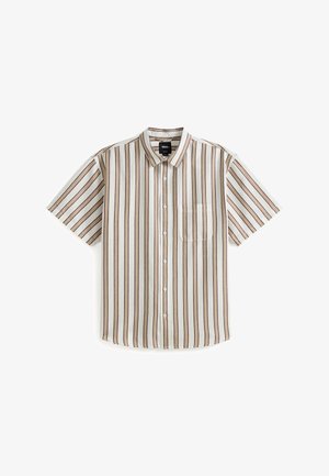 Kurzärmeliges Hemd aus beigem, glattem Stoff mit vertikalen braunen Streifen, einer Brusttasche und weißen Knöpfen.