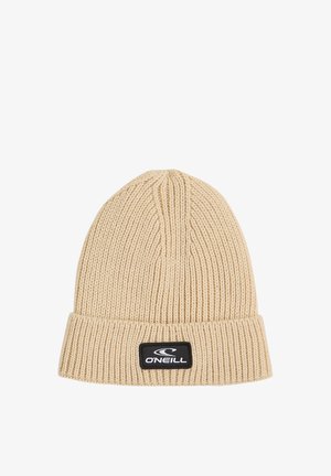Strikket hue i beige med ribbet tekstur, foldet manchet og et sort O'Neill logo-patch på forsiden.