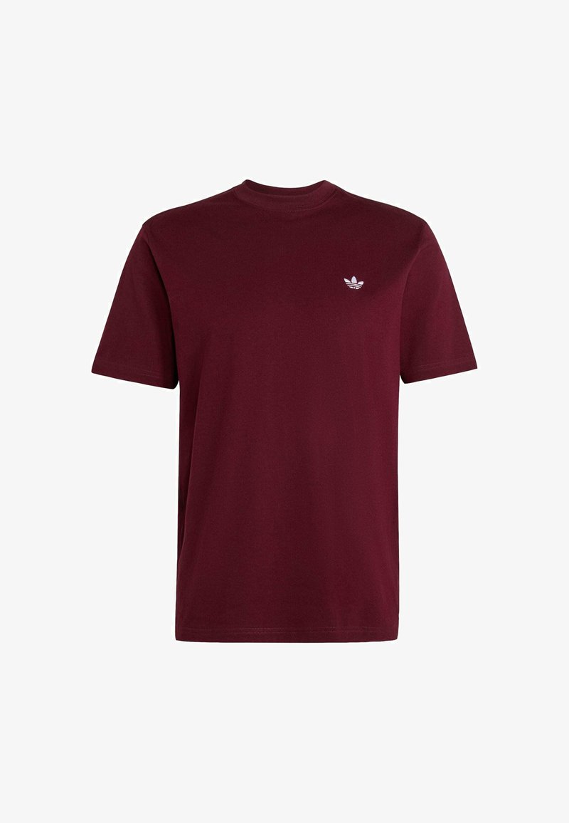 Vinrød t-shirt med korte ærmer og rund hals med lille hvid Adidas trefoil-logo på venstre bryst.