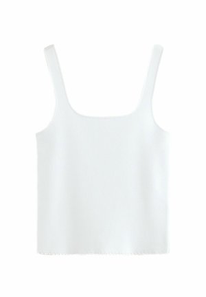 Top bianco senza maniche con scollatura quadrata, realizzato in tessuto testurizzato. Presenta un orlo dritto con dettagli minimi e spalline sottili.