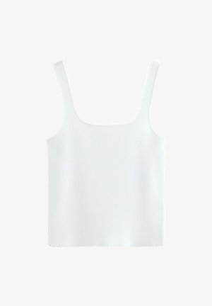 Hvid, ærmeløs top med firkantet udskæring, lavet af tekstureret stof. Har en lige søm med minimal detaljering og tynde stropper.