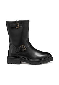 Bota de cuero negro hasta el tobillo con punta redonda, hebillas decorativas y suela resistente. Textura suave con costuras y detalles mínimos.