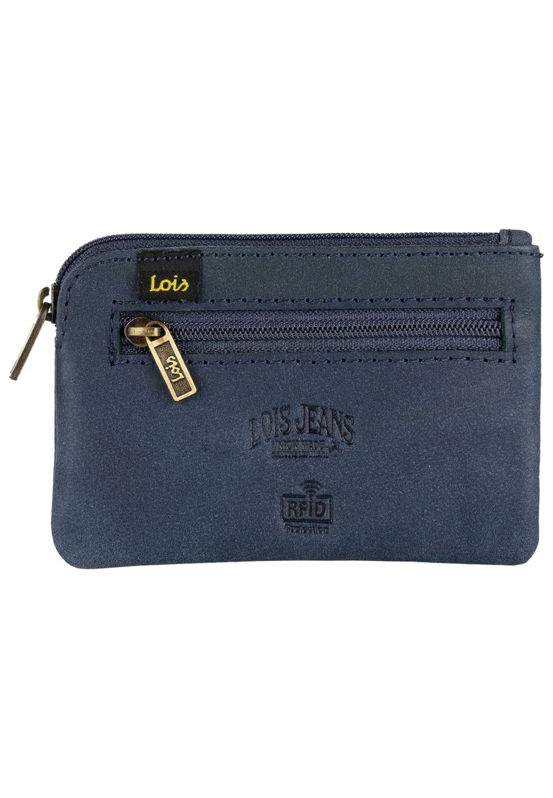 Cartera RFID azul marino hecha de cuero suave, con cierre de cremallera y logo grabado. Incluye un bolsillo secundario con cremallera para almacenamiento.