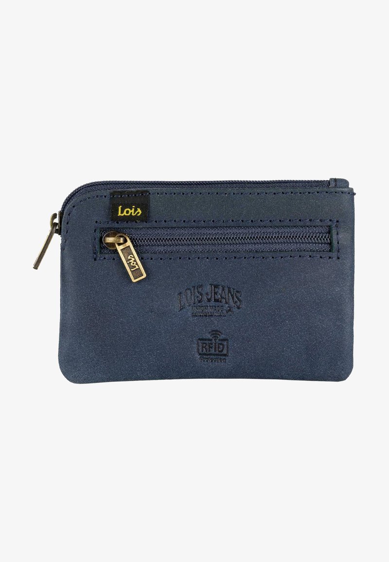 Cartera RFID azul marino hecha de cuero suave, con cierre de cremallera y logo grabado. Incluye un bolsillo secundario con cremallera para almacenamiento.