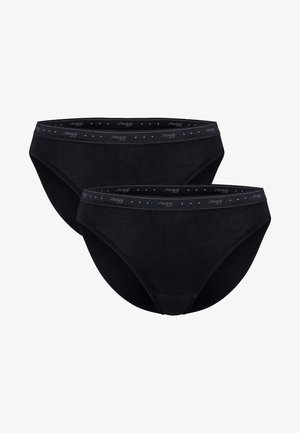 Zwei schwarze Baumwoll-Slips im Brief-Stil mit elastischen Bunds, die kleine Sterne und den Markennamen "sloggi" wiederholt zeigen.