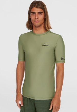 Korte mouwen, olijfgroen rash guard met een aansluitend ontwerp, gemaakt van een gladde, rekbare stof. Heeft het O'Neill-logo op de voorkant en de mouw.