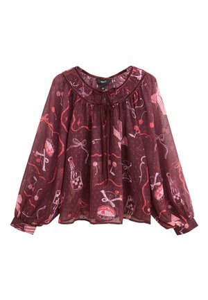 Burgundy sheer blouse featuring a round neckline, puffed sleeves, a drawstring tie, and a playful print of drinks and bows in pink tones.