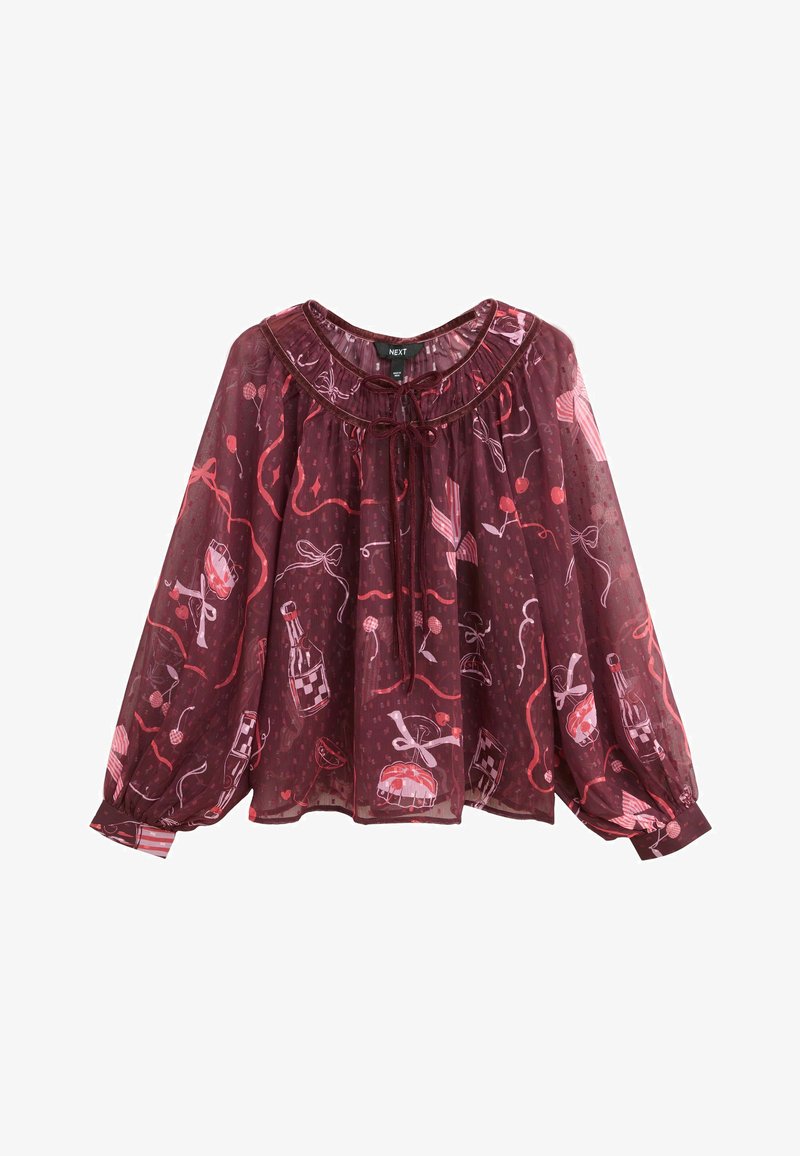 Burgundi áttetsző blúz, kerek nyakkivágással, puffos ujjal, húzózsinórral és játékos, pink árnyalatú ital- és masni mintával.