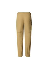 Pantaloni beige con zip removibile, con una texture liscia, vita elastica e due tasche laterali, adatti per attività all'aperto.