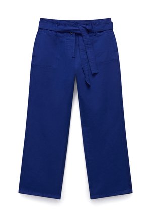 Brede pijpenbroeken van effen blauwe stof, met een ceintuur in de taille, zijzakken en een soepele textuur. Geen zichtbare patronen of hardware.