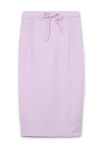 Gonna viola chiara a lunghezza ginocchio con una texture liscia, vita con coulisse e dettagli plissettati. Design semplice e aderente senza motivi.