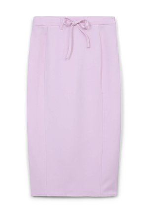 Gonna viola chiara a lunghezza ginocchio con una texture liscia, vita con coulisse e dettagli plissettati. Design semplice e aderente senza motivi.