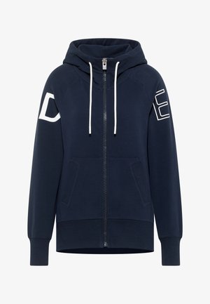 Navyblaue Zip-Hoodie mit Kapuze mit Zugband, vorderen Taschen und weißen Logoakzenten an den Ärmeln. Glattes Material und gerippte Bündchen.