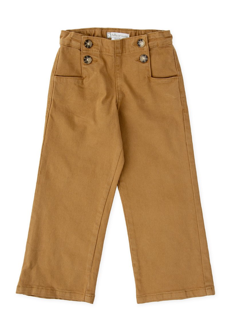 Pantalons en coton beige avec une coupe droite, comportant deux poches avant et deux boutons décoratifs à la taille, texture lisse.