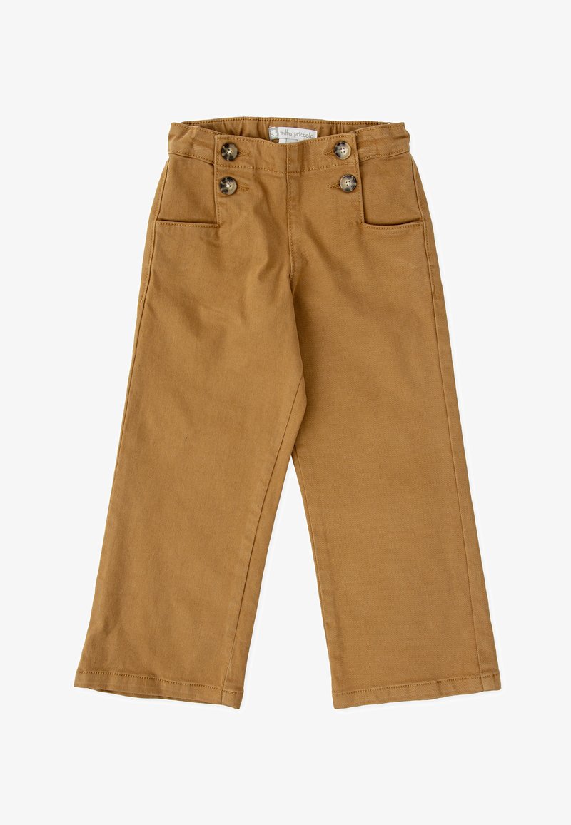 Pantalons en coton beige avec une coupe droite, comportant deux poches avant et deux boutons décoratifs à la taille, texture lisse.