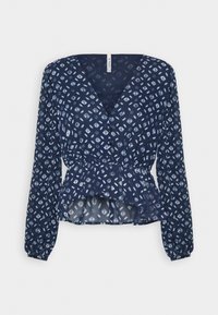 Blouse à manches longues bleu marine avec imprimé géométrique blanc, col en V, boutonnée à l'avant, taille élastique et ourlet légèrement évasé.