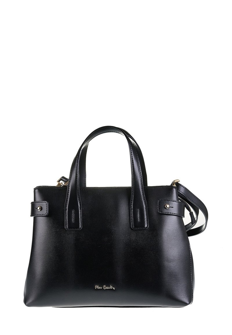 Borsa nera in pelle con due manici corti e una tracolla regolabile. Presenta accessori in oro e una texture liscia e lucida.