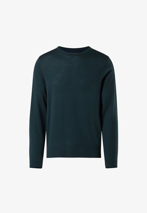 Suéter de manga larga verde oscuro con cuello redondo, puños y dobladillo acanalados, hecho de una tela suave y ligera con una textura suave.